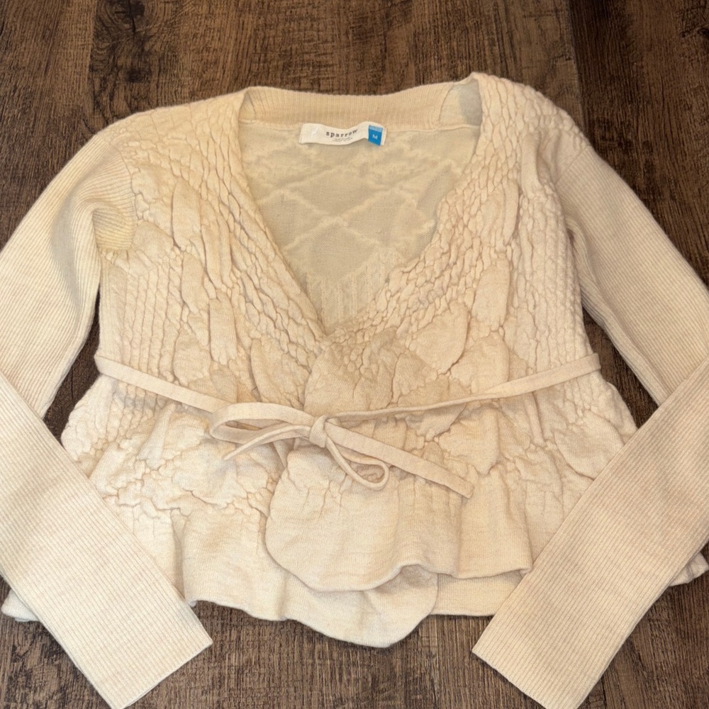 Anthropologie Sparrow Merino Wool Cream Cable-Knit Quilted Wrap V-Neck Sweater